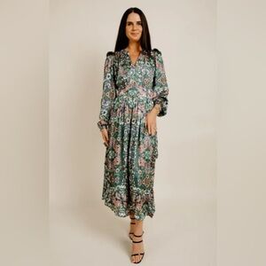 Pink Moon‎ Bay Beautiful Floral Print MIDI Long Sleeve Dress Size Medium NWOT